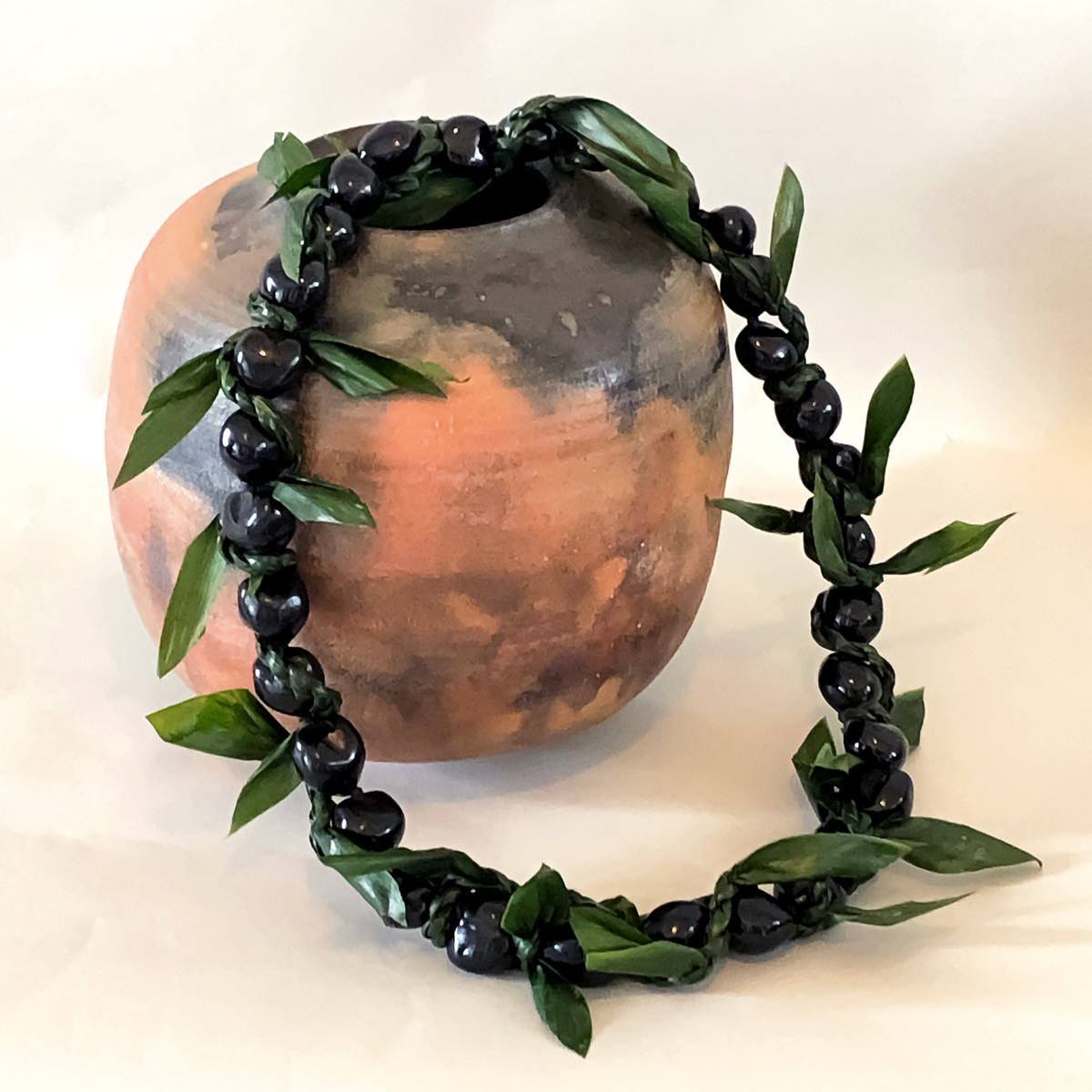 Kukui Nut Lei Wrapped with Braided Ti Leaf Hawaiian Tradition Maui